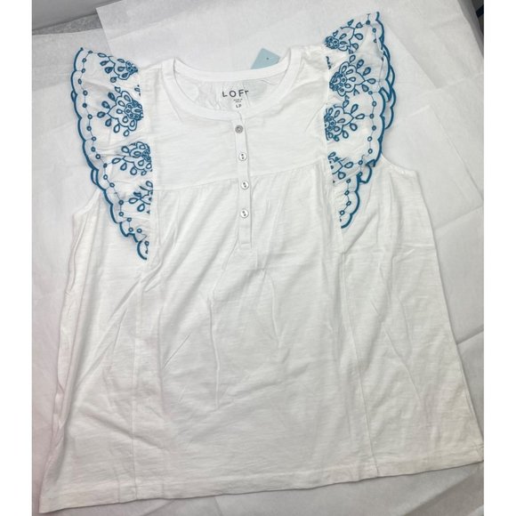 LOFT Women Petite Eyelet Flutter Henley Mixed Media Top L - Picture 14 of 14